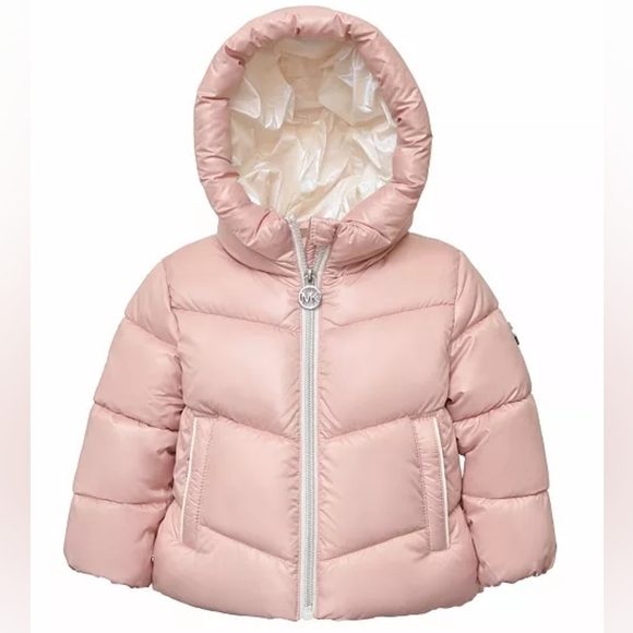 NWOT Michael Kors Baby Girl Blush Metallic Hood Puffer Jacket Size 18 Month - Picture 1 of 7